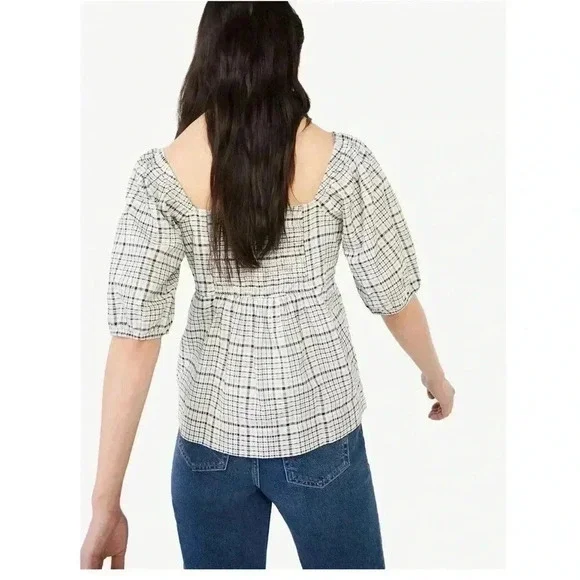 Free Assembly Size XS Ivory Plaid Organic Cotton Women's Puff Sleeve Blouse Top - Picture 2 of 15